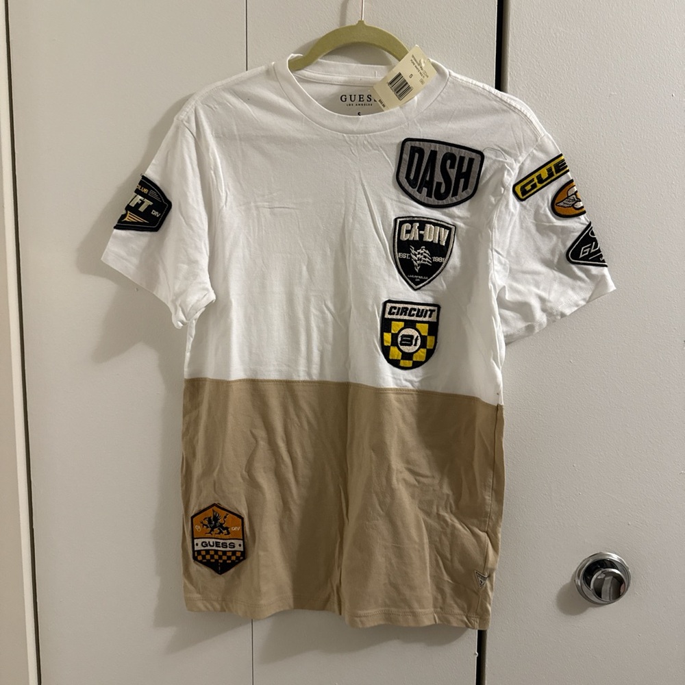 GUESS Men's White and Tan Patchwork T-Shirt